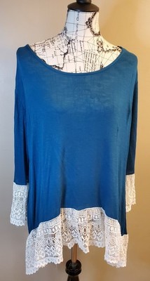 Indigo Soul XL Teal Blue Lace Trim Tunic Blouse Boho Rayon 3/4 Sleeve Top