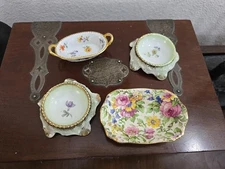 Variety Lot 4 Antique  Porcelain Salt Cellars Floral  Dresden England Summertime