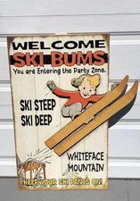 Welcome Ski Bums 2D Whiteface Mtn Rustic Ski Lodge House Decor Sign 23” X 39”