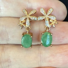 Sterling Silver 925 Gold Vermeil Green Emerald Pierced Dangle Earrings