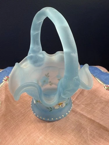 Fenton Signed Hand Painted Satin Blue Glass Mini Miniature Basket White Flowers