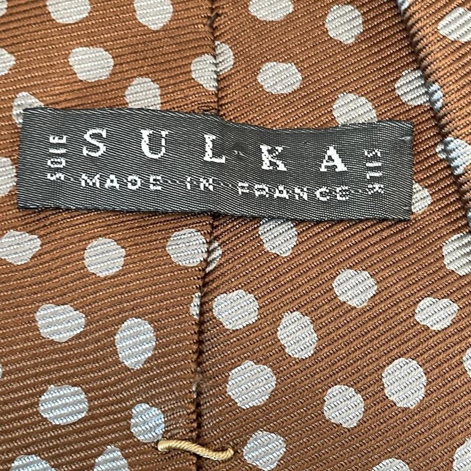 Мужской галстук Sulka 100% шелк сделано во Франции коричневый с серебряными точками 58 дюймов - 3 дюйма 3/4 винтажный - Изображение 4 из 4