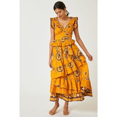 nwt ANTHROPOLOGIE LOVE THE LABEL sz S Adrienne Ruffled Boho Batik Maxi in gold