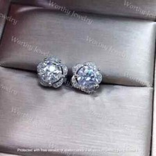 3Ct Lab Created Diamond Push Back Flower Halo Stud Earrings 14K White Gold Over