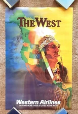 Vintage Original 1970s WESTERN AIRLINE The WEST Travel Poster art tourism train