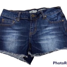 Indigo Rein Raw Hem Hi-Rise Shortie Booty Jean Shorts, Dark Blue Wash Denim Sz 7