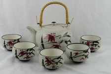 Unmarked Asian Teapot Stoneware with 5 Cups Bamboo Mid Century Japan Rattan