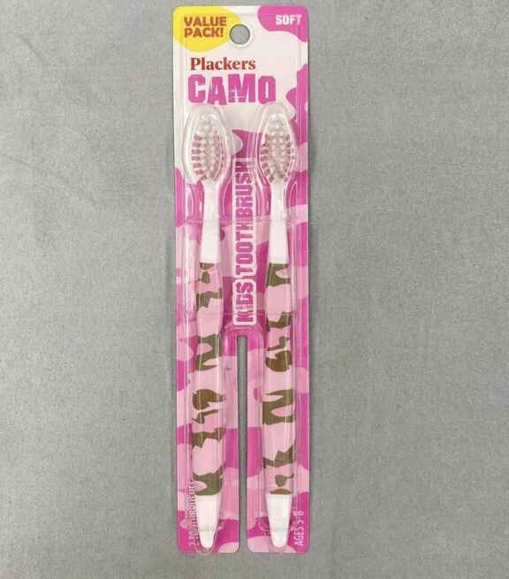 Plackers Camouflage 2-Pack Soft Toothbrushes For Kids Value Pack (PINK CAMO) — 第 4/4 张图片