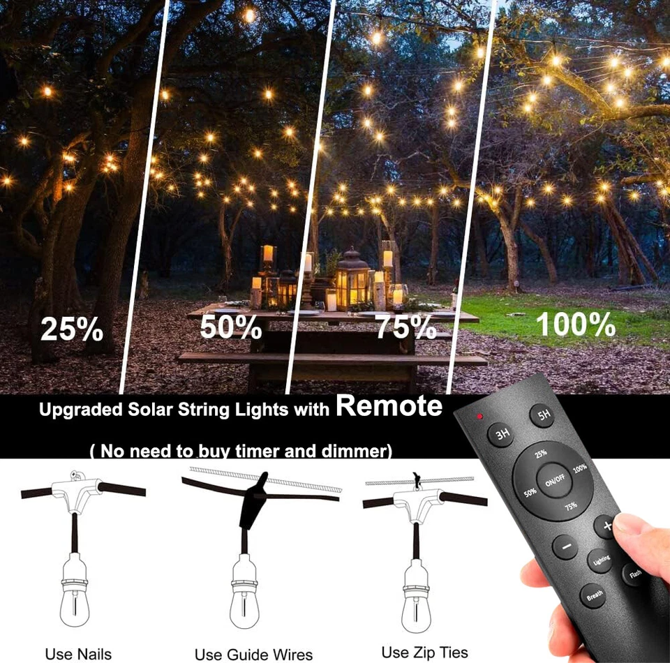 48FT/15M Dimmable Solar String Lights Outdoor 15+1 Led Bulbs Pergola Bistro Deck - image 2 of 4
