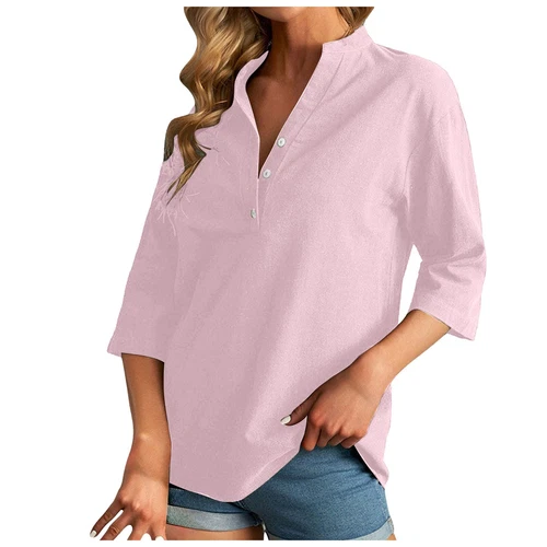 3/4 Sleeve Women's Top Casual Loose Round Neck T Shirt Cute Solid Color Long - Picture 23 of 42