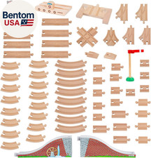 Wooden Train Tracks 68 Pcs Expansion Pack with Arched Bridge, Engine Barge, Dock