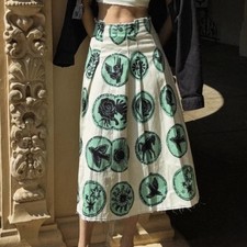 NWT ZARA Cotton Printed Box Pleat Skirt Ecru White/blue/black 2905/151 Size L