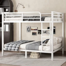 Full Over Full Metal Bunk Bed Full Size Metal Bed Frame w/ Ladder White/Black
