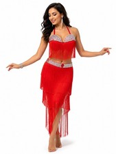 Professional Red Belly Dance Dress Egyptian Style Fringe Tassel Costume Women