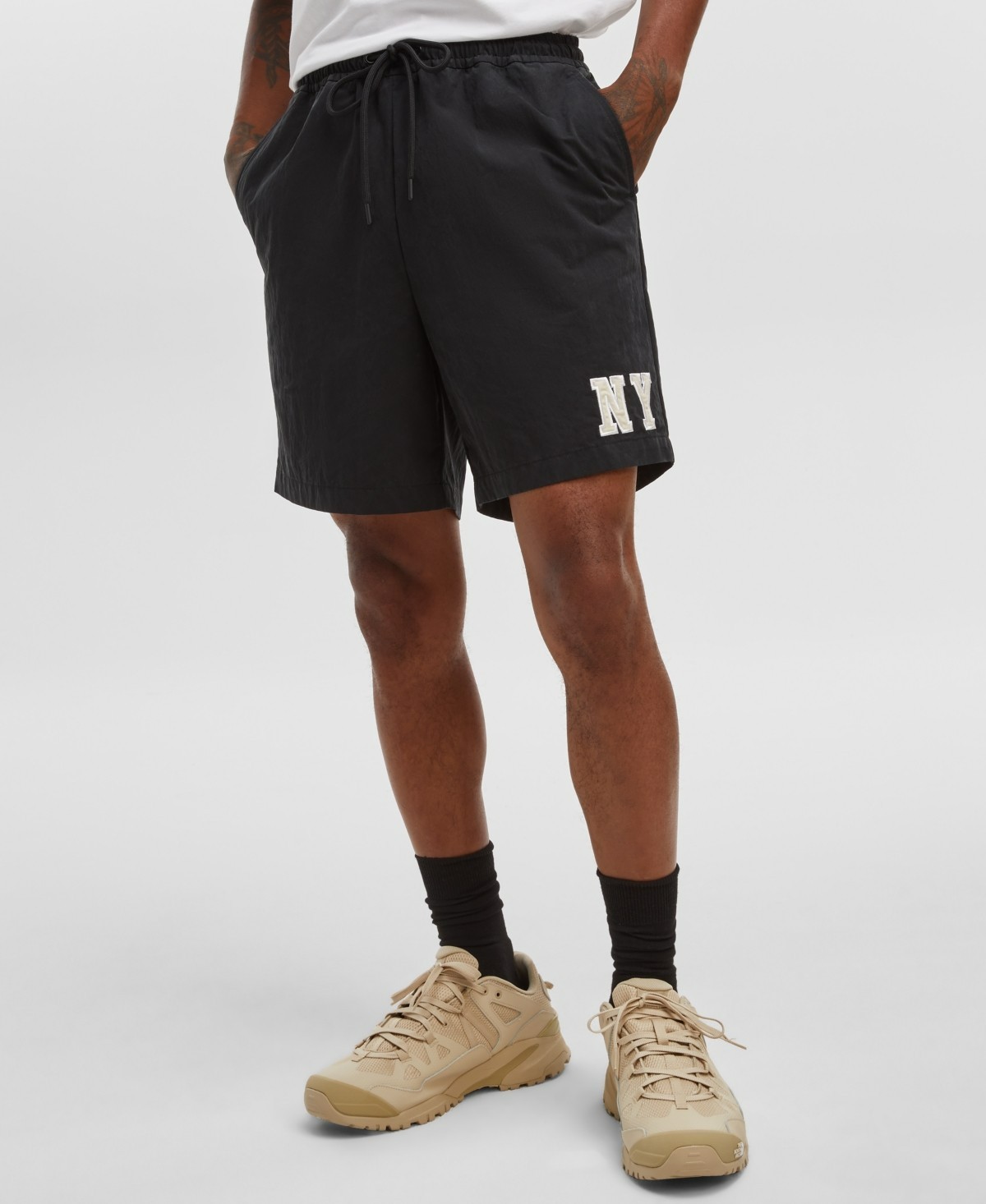 Mode of One Pull-On Nylon Shorts Men's L Black NY Patch Drawcord Elastic Waist