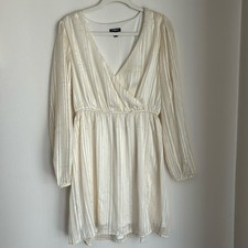Express Women cream nude ivory long sleeve gold sparkle v-neck dress size Small!