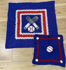 Handmade Crocheted Baby Blanket And Mini Blanket Baseball Theme NEW