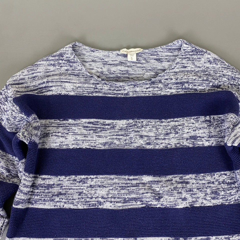 Suéter feminino Coldwater Creek XL azul branco malha listrada manga 3/4 100% algodão - Imagem 2 de 4