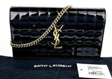 Authentic Saint Laurent YSL CASSANDRE Quilted Patent Leather WOC Chain Wallet
