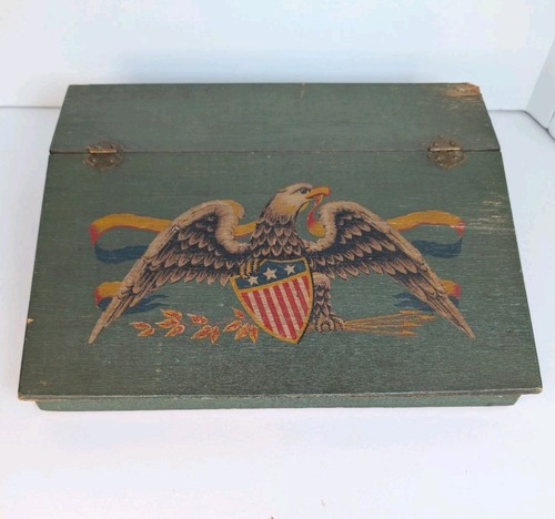 Vintage Wood Box Writing Table Lap Secretary Desk American Eagle Green Yorkraft