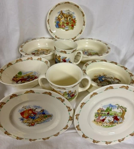 Set of 9 Royal Doulton, Bunnykins dishes: Plates, Bowls, Mugs,