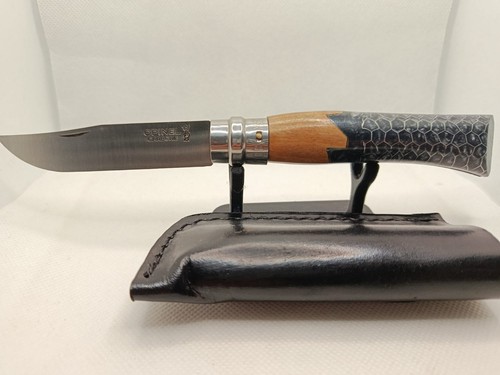 11 – Opinel N°8 custom noir et gris – Résine nid d’abeille – Carbone – Étui cuir - Photo 5/6