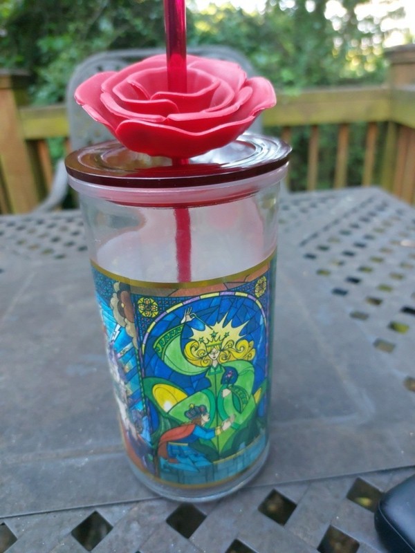 Brand New, Unused Disney Beauty & The Beast Glass Tumbler W/ Rose Pedaled Straw