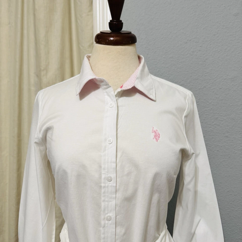 U.S. Polo Assn. Vestido Oxford de golf blanco manga larga para mujer M rosa ribete Foto 3 de 4