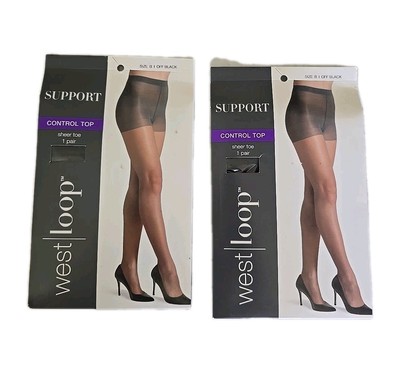 New, West Loop Support Control Top Sheer Toe Pantyhose, Size B1 Off Black,2 Set