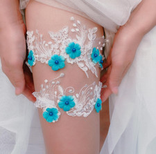 2 Pcs. Floral Lace Embroidery Wedding Blue Thigh Ring Elastic Bridal Leg Garter