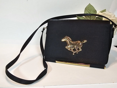 Vtg Nima Style Black Nylon Crossbody Purse w/ Large Gold Running Zebra Emblem