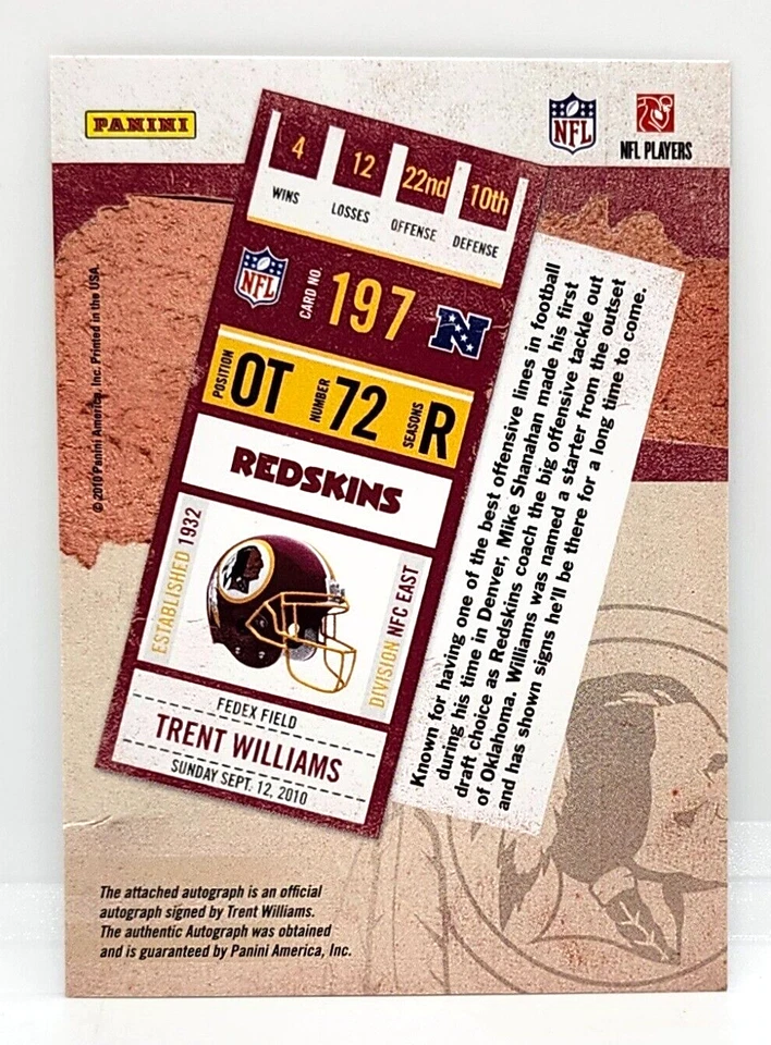 TRENT WILLIAMS ~ 2010 PLAYOFF CONTENDERS / ROOKIE TICKET #197 ~ WASHINGTON - Image 2 of 2