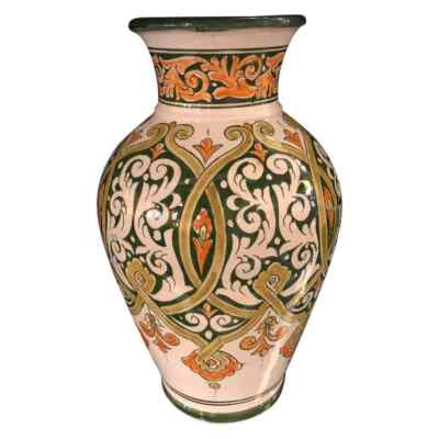 Moroccan Ceramic Vintage Vase or Urn in Green White and Orange Signed