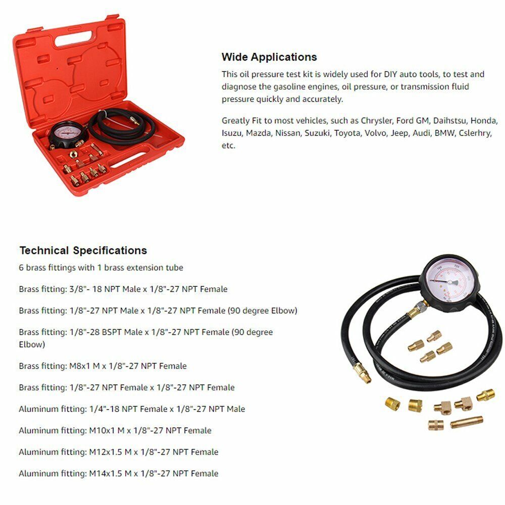 AT Automatic Transmission Oil Pressure Tester Gauge Kit – TU-11A, 0-500 PSI, Dual Scale, Lifetime Warranty