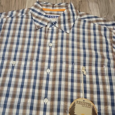 NEW Resistol Mens Large Blue Brown Checked Short Sleeve Western Style Shirt