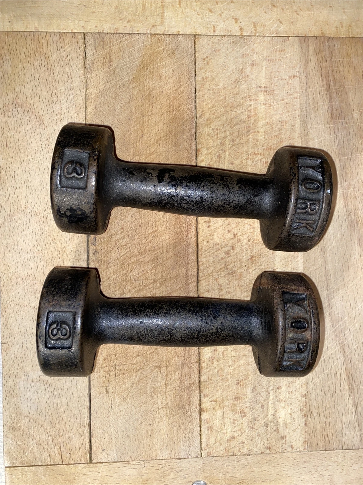 Vintage York Barbell Gym Dumbells Cast Iron Weights Antique 3 Lbs