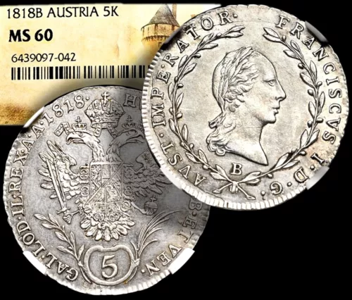 FRANCIS I. - Emperor AUSTRIA, 1818 Æ SILVER 5 Kreuzer Coin NGC MS60+COA/ GGcoins