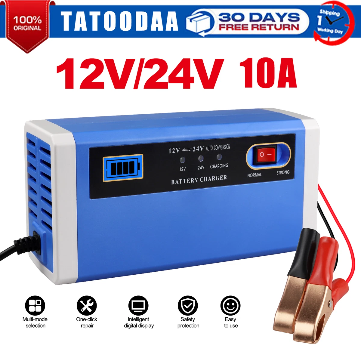 Car Battery Charger 12 24V10A Intelligent Automatic Pulse Repair Starter AGM GEL