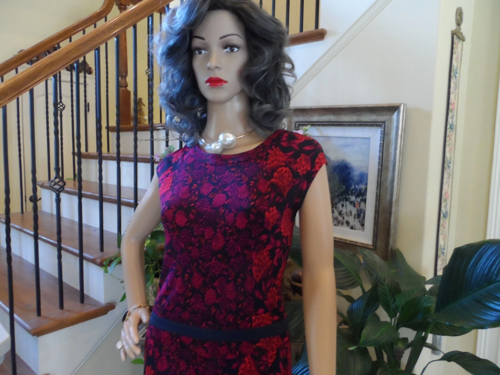 Abito a pieghe Tory Burch nero rosso stampa floreale vita a goccia taglia S