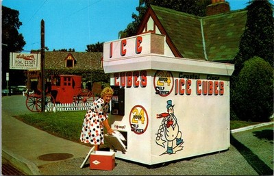Vintage Postcard 24 Hour Ice Vending Machine Silksworth NY Polka Dot Lady