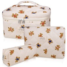 3PC Makeup Bag Set, Quilted Bag, Large Floral Cosmetic for Bear