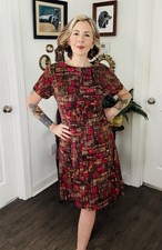 Vintage 60s Shift Dress MCM Geometric Op Art Midi Wiggle Rockabilly S-M Sz 6-8