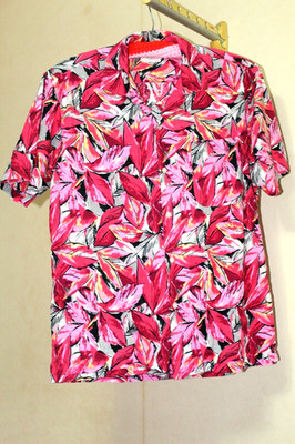 Vintage 80s Mens Aloha Shirt M S Modern Art Hoe Pink Cotton Button Comodore