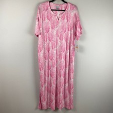 Tommy Bahama Jersey Short-Sleeve Maxi Sleep Caftan Size S/M Pink White Pockets
