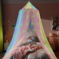 Colorful Bed Canopy Girls W/ Glow-in-The-Dark Stars Princess Canopy Net Single