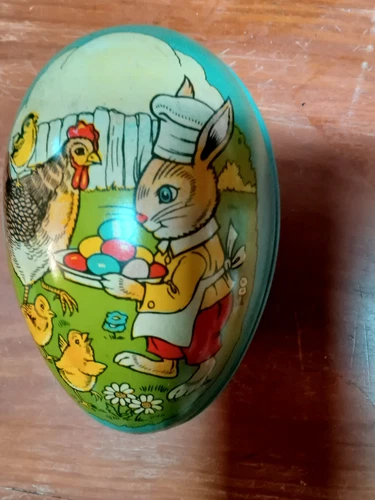 Vintage Metal Toy Egg Tin J Chein & Co Litho Candy Container Bunny Chick Easter