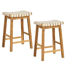 Woven Saddle Stools Set of 2 25.5" Faux PU Leather Counter Height Kitchen Stool