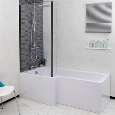 Bathroom L Shaped Bath Black Shower Screen Left Hand Front Panel White 1700mm