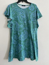 Izuria Knee Length Knit Dress Green Paisley 2XL Plus Ruffle Short Sleeves