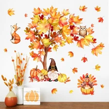 Mfault Fall Thanksgiving Maple Tree Wall Decals Stickers, Autumn Woodland Gno...